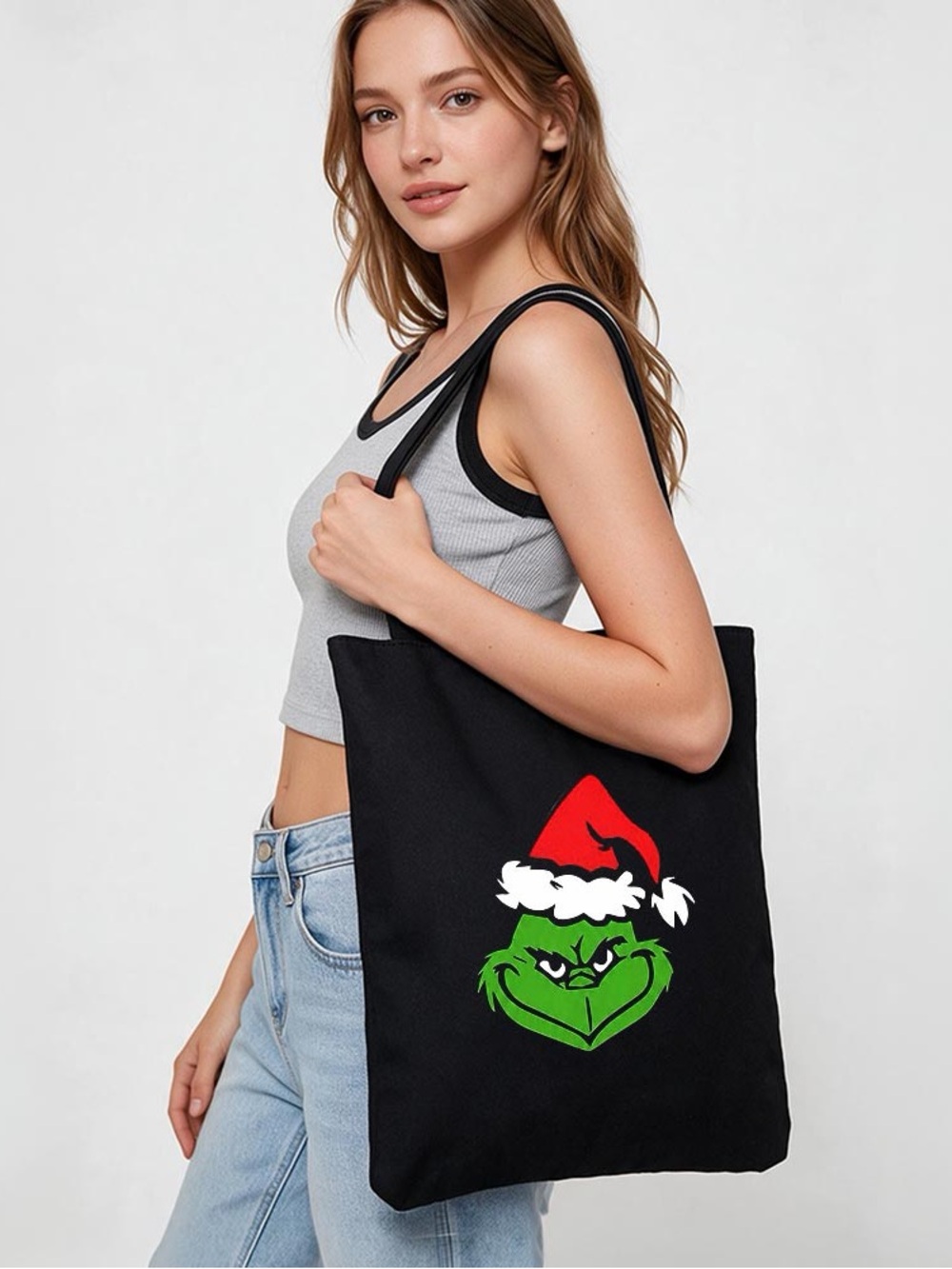Black Grinch Print Tote Bag - Holiday Canvas Shoulder Tote